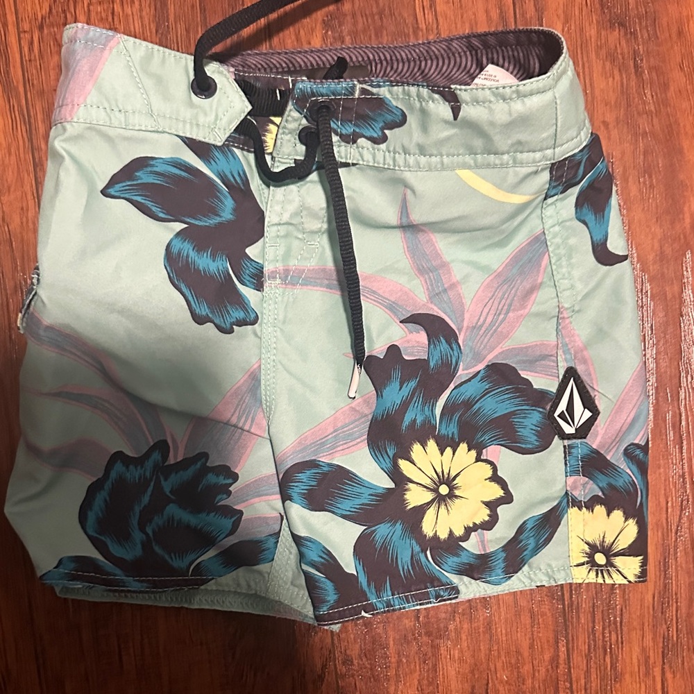 Volcom Mint Floral Swim Shorts with Navy & Yellow Accents